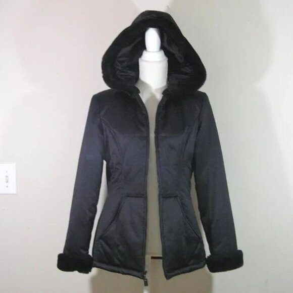 Black Puffer Jacket Hood Faux Fur Trim SMALL - Picture 2 of 12